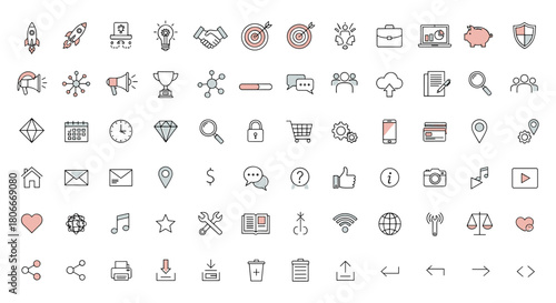 Collection of Modern Flat Business Icons for Web Design and Mobile Applications, Representing Concepts like Finance and Strategy