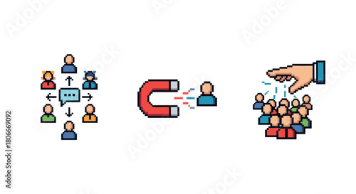 Pixel art customer attraction and team building concept with magnet and figures