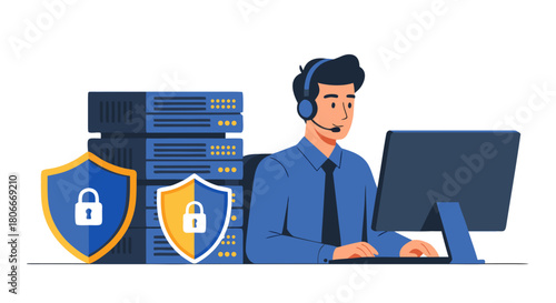 Cybersecurity specialist providing IT support for data protection, a vector illustration concept with a secure server and shield graphic