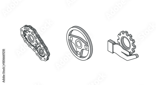 Technology and industry symbols in minimalist design: chain, steering wheel, gear