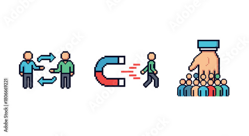 Pixel art icons of communication, attraction, and leadership concepts