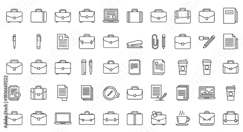 Collection of modern flat icons for business and office work, symbolizing professional activities and corporate tools