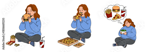 Set of three girls eating a burger, enjoying cheesy pizza, and thinking about fast food while holding a bowl of salad, showing craving, appetite, choice, and food mood. Flat vector illustration