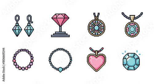 Colorful pixel art jewelry collection featuring gemstones and pendants