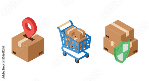 Isometric e-commerce icons: delivery, shopping, packaging, and security