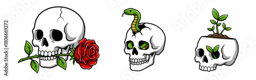 Set of three skull illustrations showing a skull biting a rose, a skull with a snake emerging from the head, and a skull growing plants symbolizing life and death contrast. Flat vector illustration