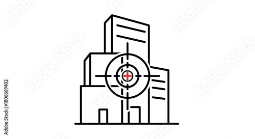 Urban building with target focus icon in minimal linear style