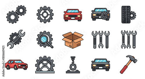 Colorful car repair and maintenance icons with tools and gear elements