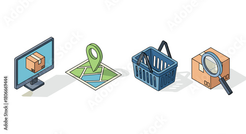 E-commerce package tracking concept with delivery icons in isometric style