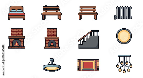 Retro pixel art home interior elements: furniture, fireplace, lighting, and decor
