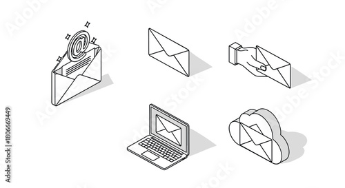 Isometric email and messaging icons: communication, technology, cloud storage