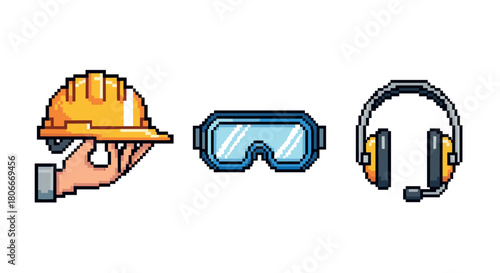 Pixel art safety gear icons: hard hat, goggles, headphones