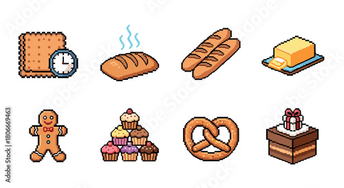 Pixel art bakery icon set: retro baked goods and pastries in 8-bit style