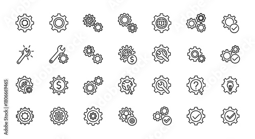 Collection of Modern Flat Icons Representing Gears Tools Processes Symbols and Technology Concepts