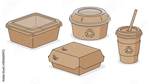 Eco Friendly Takeaway Food Packaging Vector Set, Kraft Paper Cups, Boxes & Containers Illustration