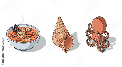Savory seafood soup with shell and octopus in vibrant cartoon style