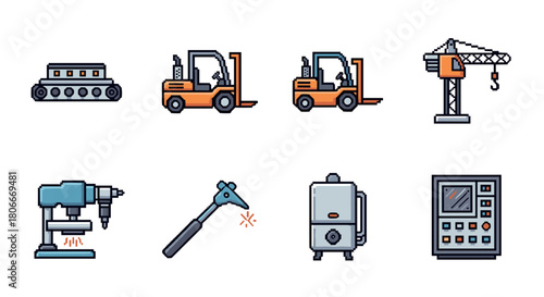 Industrial equipment icons set featuring construction and engineering tools
