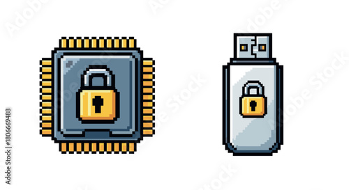 Pixel art secure technology concept with locked chip and usb drive