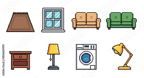 Pixel art home furniture and appliances collection with retro style