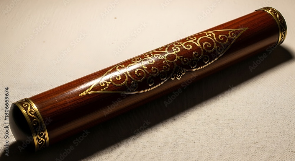 Naklejka premium Elegant Dark Wood Scroll Case with Intricate Golden Filigree Design.