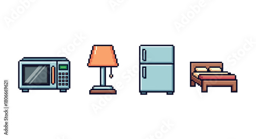 Pixel art home appliances and furniture icons: microwave, lamp, fridge, bed