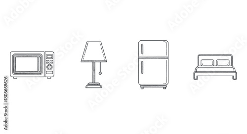 Minimalist linear icons of home appliances and furniture for modern interiors