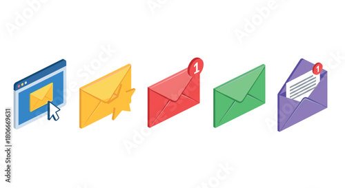 Colorful isometric email notification icons with envelopes and alerts
