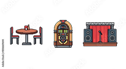 Retro entertainment icons: jukebox, microphone, and table set