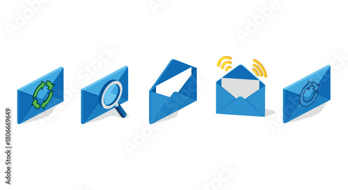 Isometric blue email envelopes with icons: search, refresh, notification