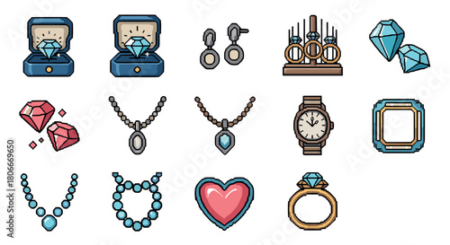 Pixel art jewelry collection: rings, necklaces, and gemstones