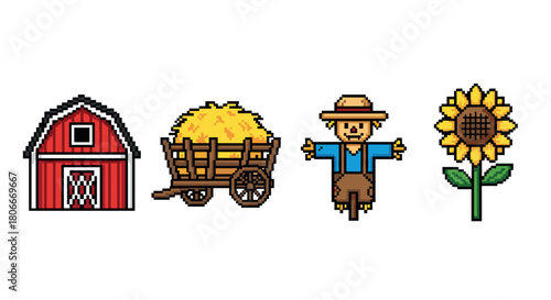 Pixel art farm icons: barn, hay cart, scarecrow, sunflower