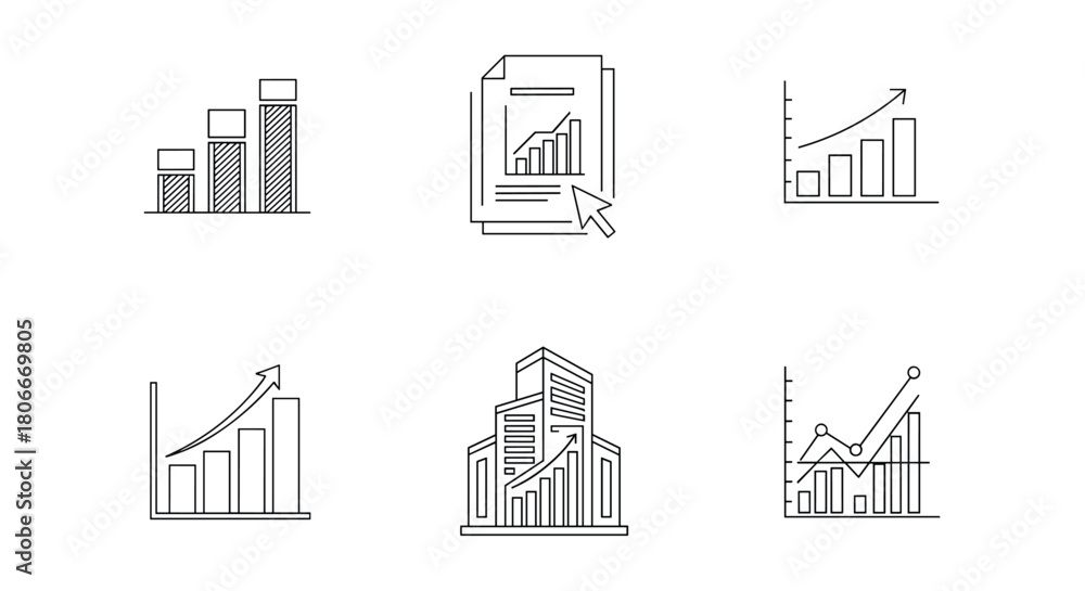 Obraz premium Minimalist linear graph and chart icons for business and analytics