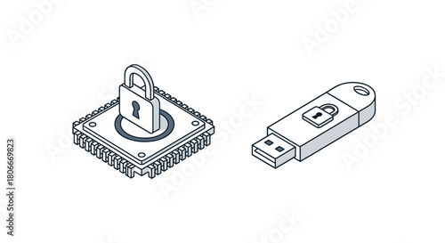 Secure technology concept with isometric lock on chip and usb drive