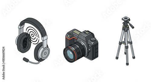 Isometric camera, headphones, and tripod set for creative projects