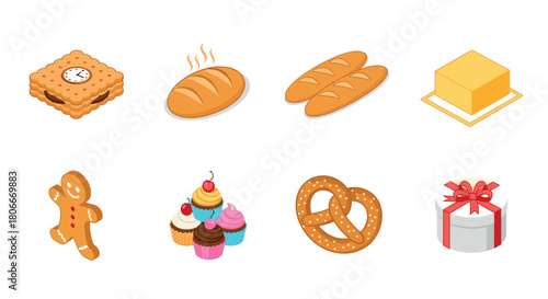 Isometric bakery icons: bread, cookies, pretzel, cupcakes, gift box and butter