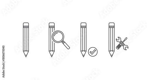 Linear pencil icons with magnifying glass, checkmark, and wrench