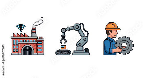 Industrial automation icons with factory, robot arm, and engineer in pixel art style
