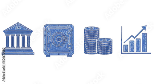 Hand-drawn blue scribble style finance icons: bank, safe, coins, growth chart