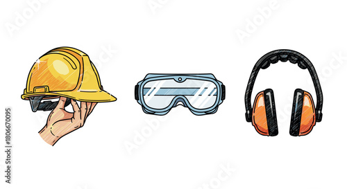Essential safety gear: hard hat, goggles, and ear protection in sketch style
