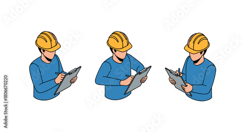 Construction worker with clipboard in isometric style: three angles