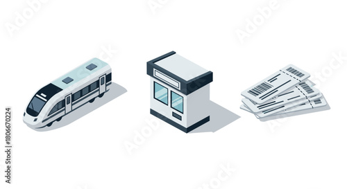 Sleek isometric train with ticket booth and tickets for modern transport planning