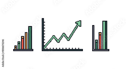 Linear graphic chart with rising bars and arrows showing growth trends