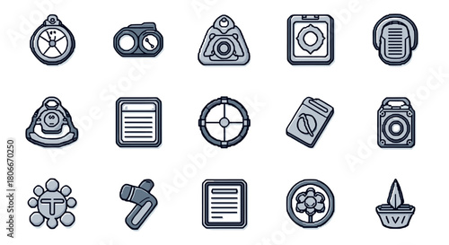 Retro pixel art icons with blue and white technology themes