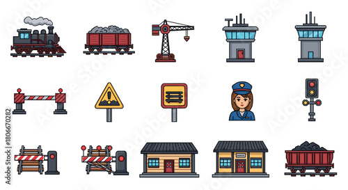 Colorful train elements and railway icons for transportation design projects