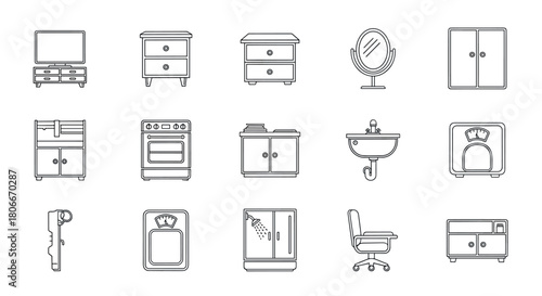 Linear furniture and appliance icons set for home interiors design