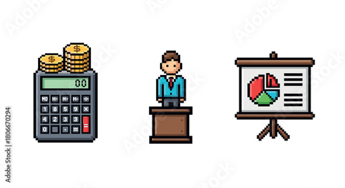 Retro pixel art business icons featuring calculator, speaker, and presentation board