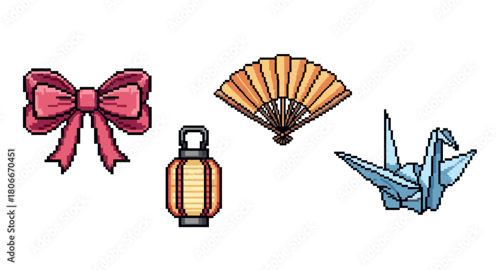 Obraz premium Pixel art japanese culture icons: bow, fan, lantern, origami crane