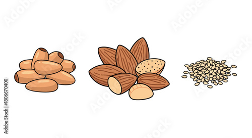 Assorted nuts and seeds on white background: pine nuts, almonds, sesame seeds