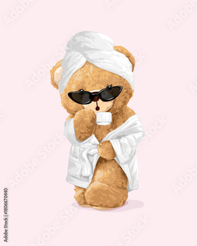 cute girly bear doll in bath robe and sunglasses vector illustration