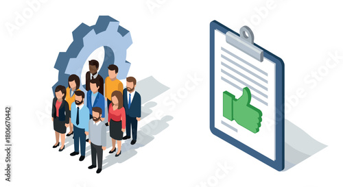 Business teamwork and quality assurance concept with isometric people and checklist